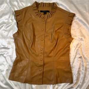 Women's Tan Faux Leather Button-Up ruffle Top